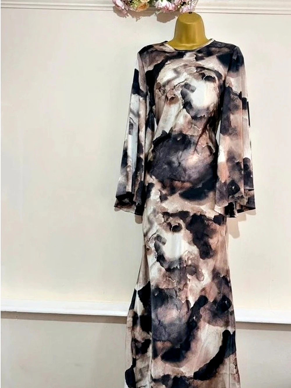 Abstract Print Long Sleeve Maxi Dress in Brown & Black Like